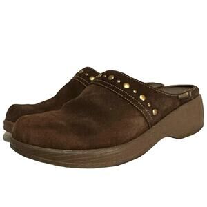 Mephisto Suede Leather Slip On Comfort Platform Mules Shoes Stud Brown Women 7.5